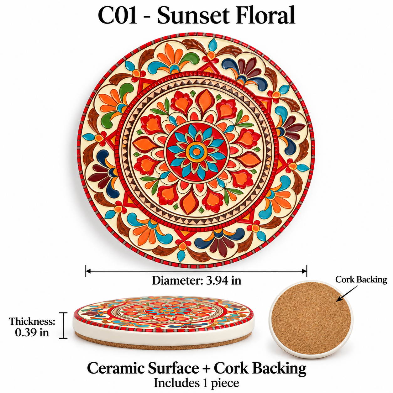 Decorative Ceramic Coaster with Cork Backing – Four Designs